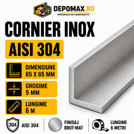 Cornier inox AISI 304, 65 x 65 x 5 mm, 6 metri
